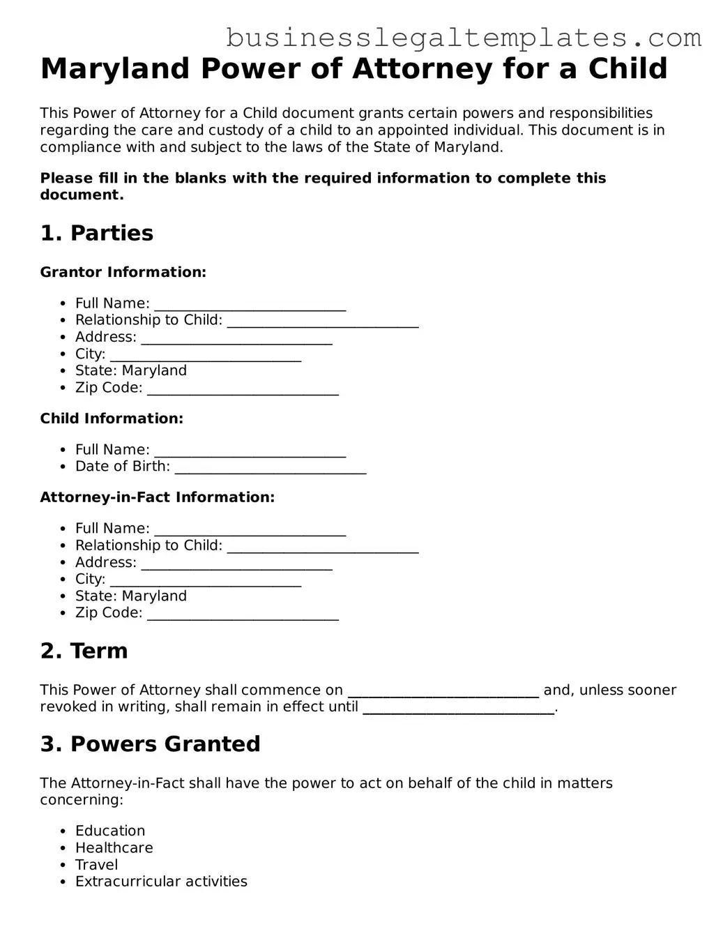 Blank Maryland Power of Attorney for a Child Document