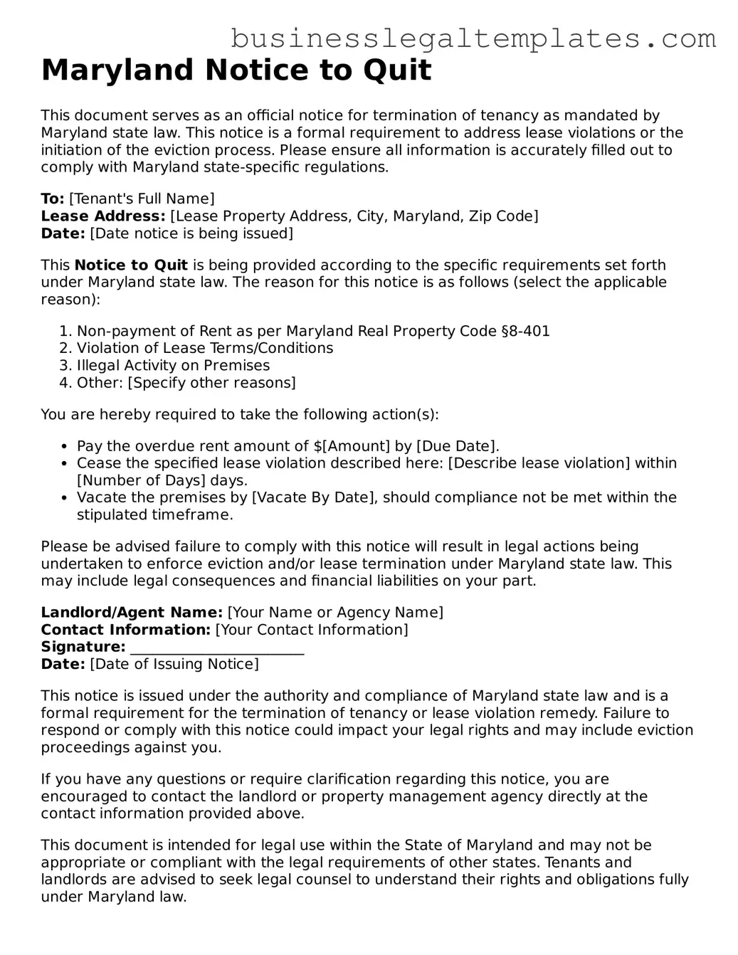 Blank Maryland Notice to Quit Document