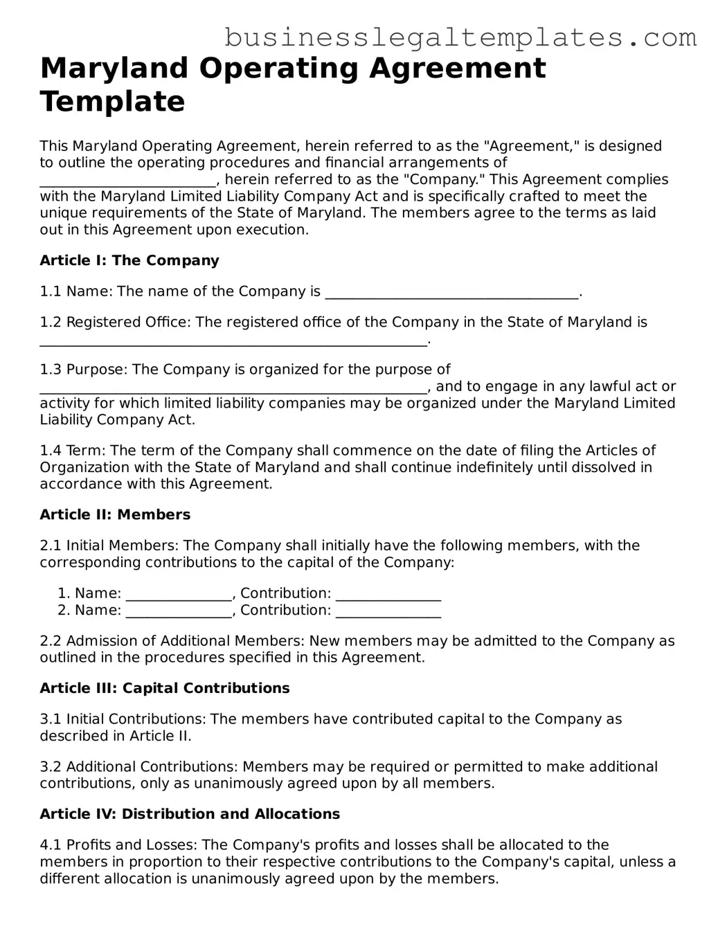Blank Maryland Operating Agreement Document