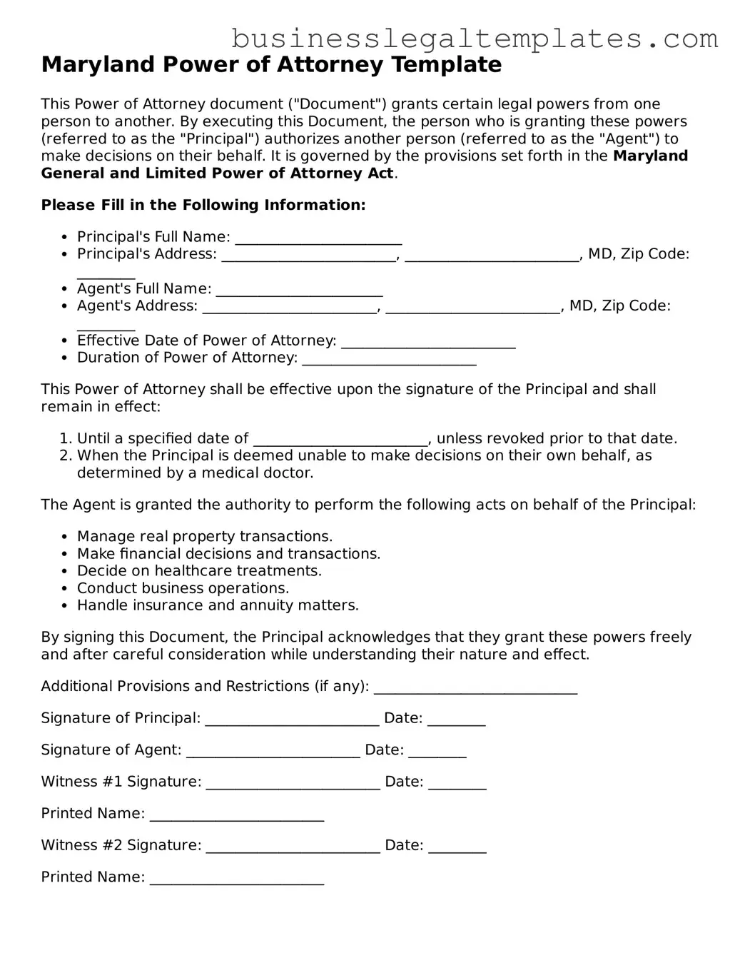 Blank Maryland Power of Attorney Document
