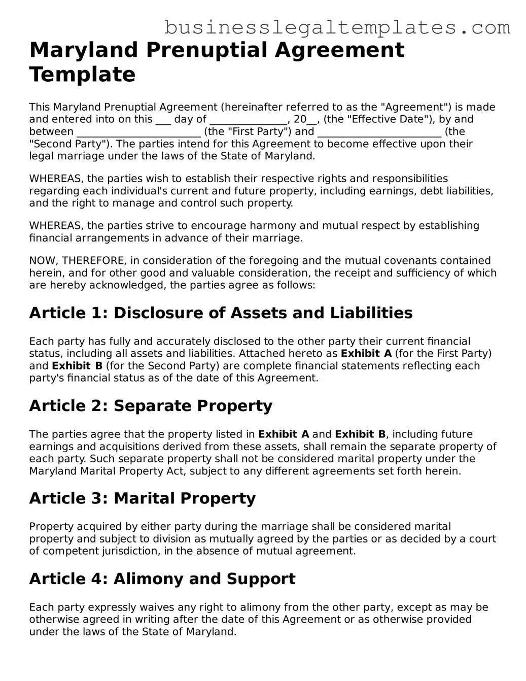 Blank Maryland Prenuptial Agreement Document