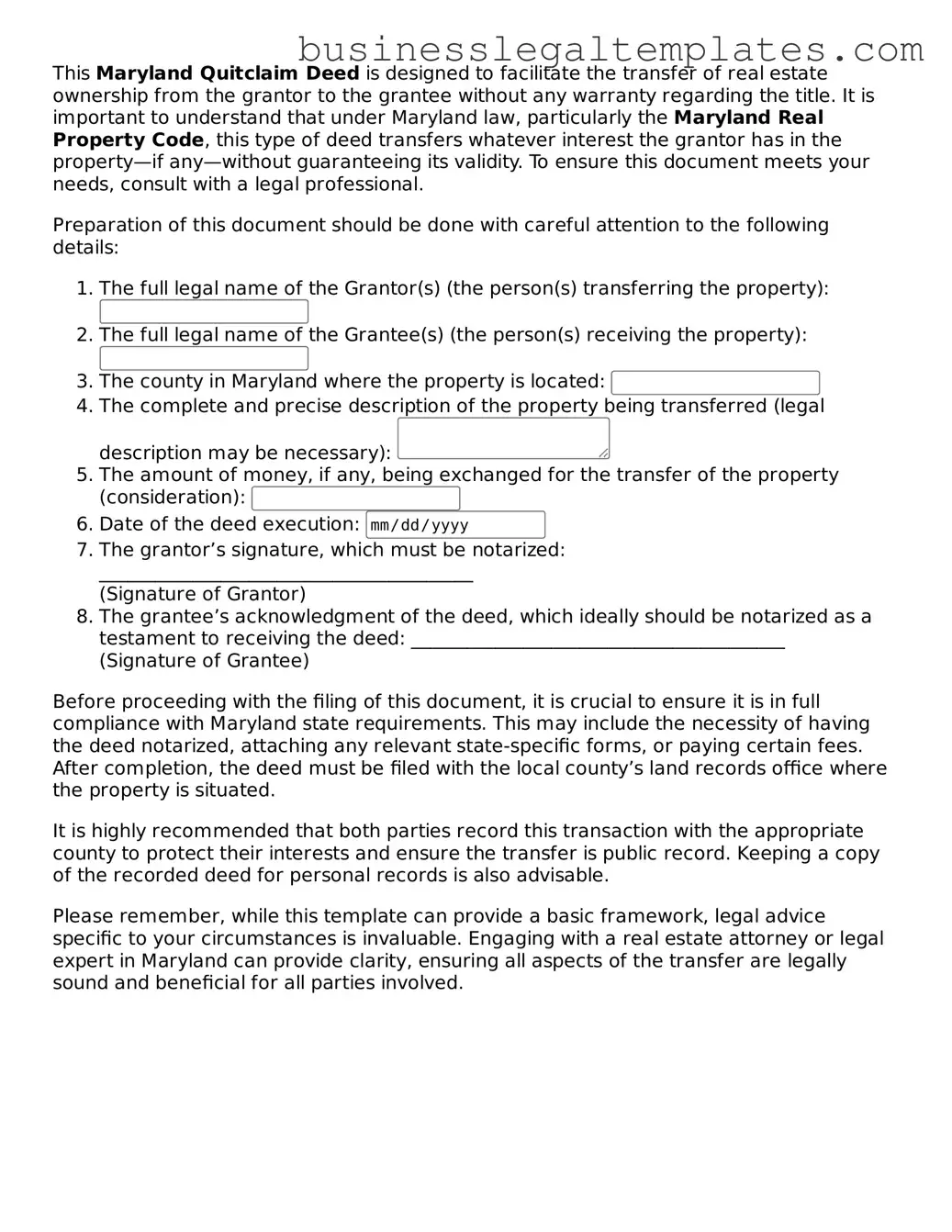 Blank Maryland Quitclaim Deed Document