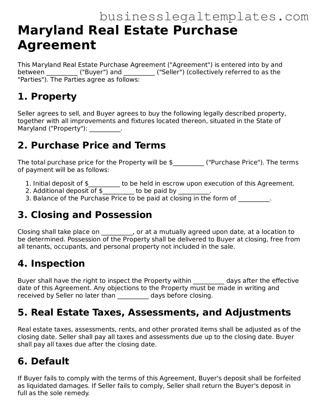 Blank Maryland Real Estate Purchase Agreement Document