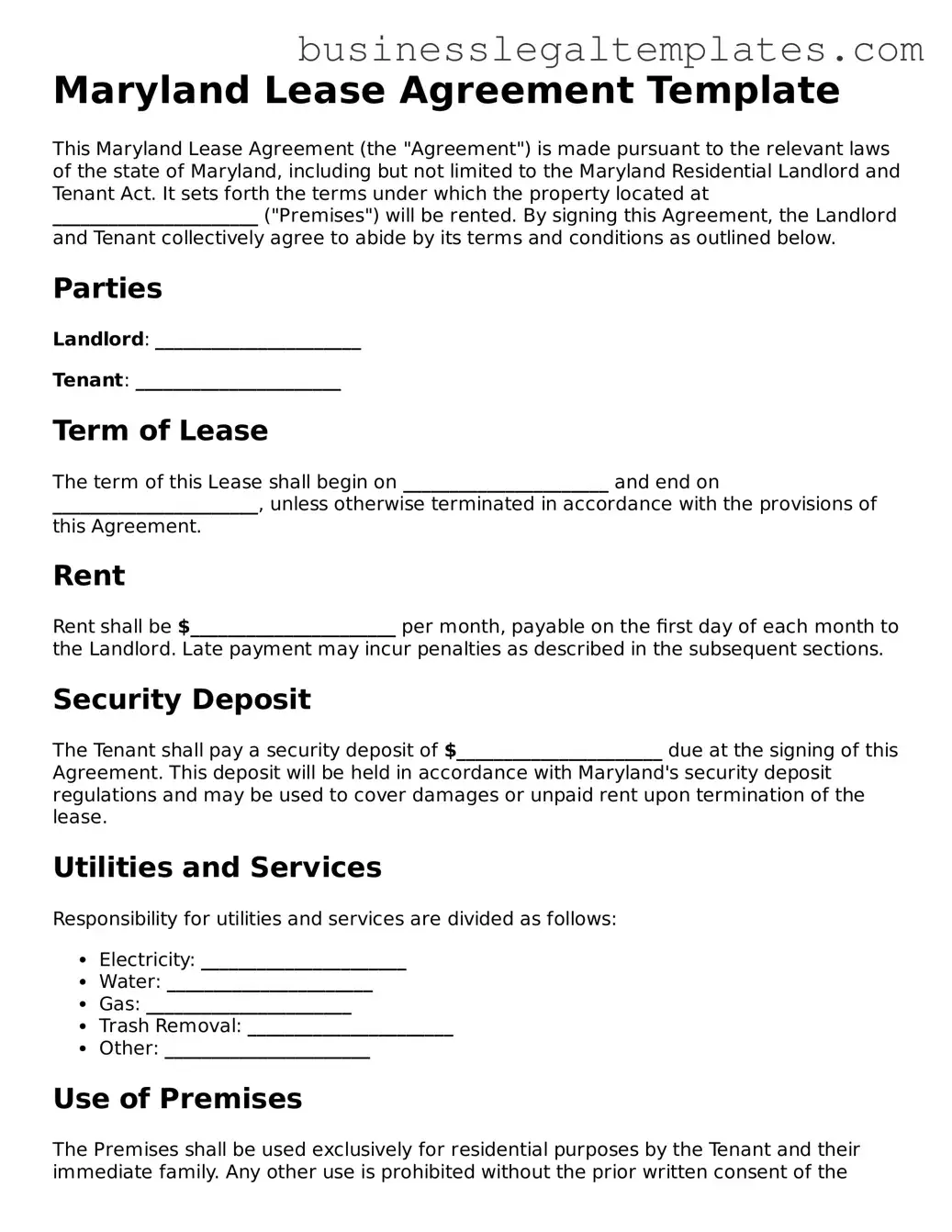 Blank Maryland Lease Agreement Document
