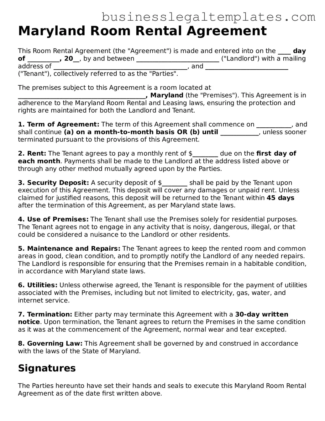 Blank Maryland Room Rental Agreement Document
