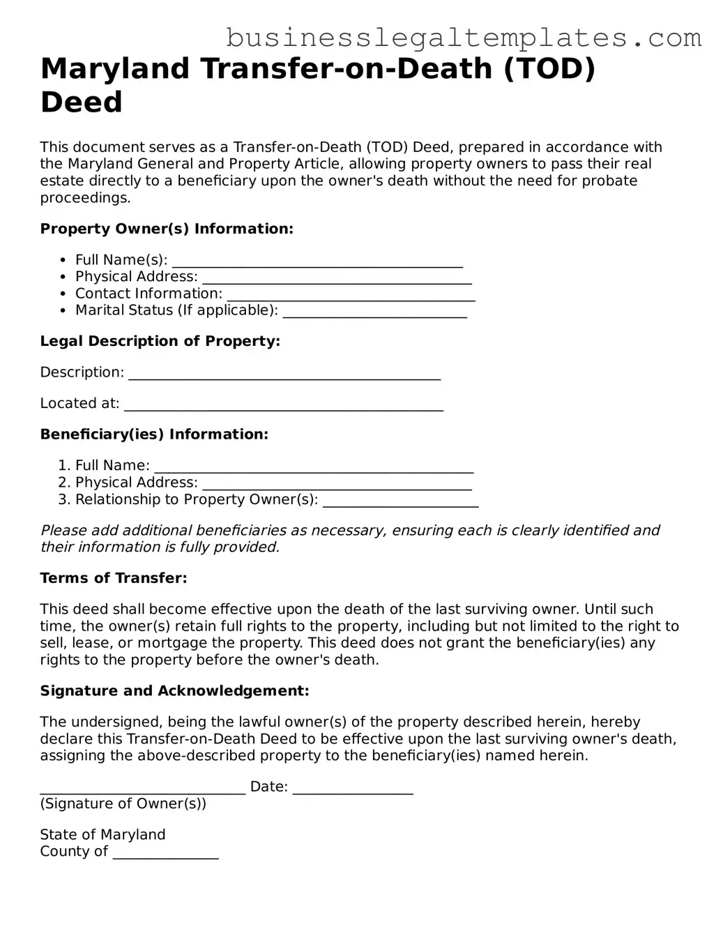 Blank Maryland Transfer-on-Death Deed Document