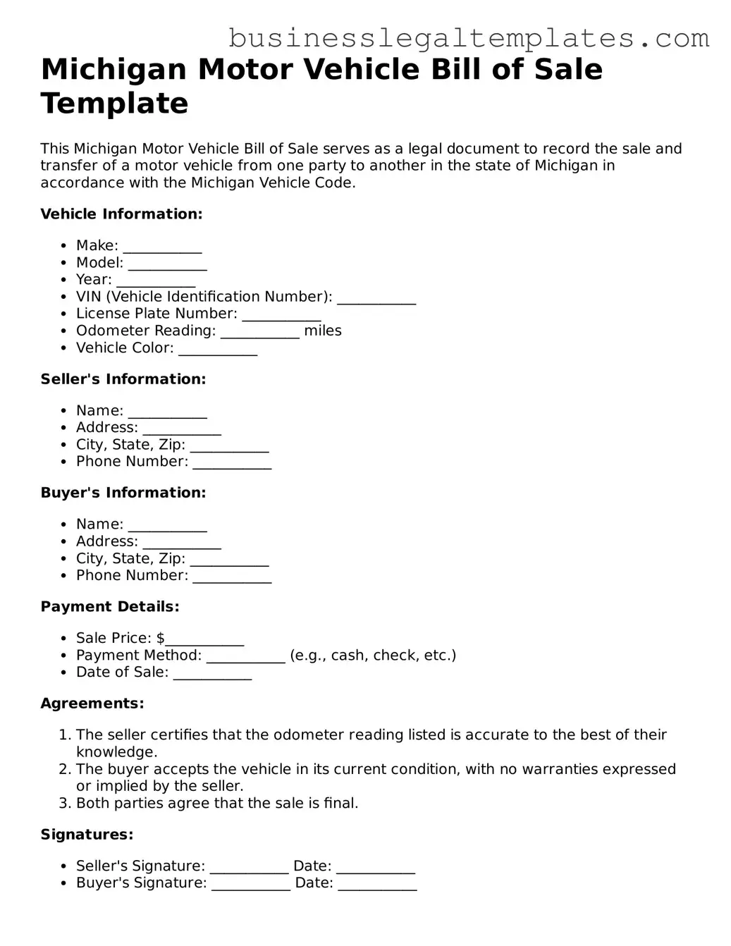 Blank Michigan Motor Vehicle Bill of Sale Document