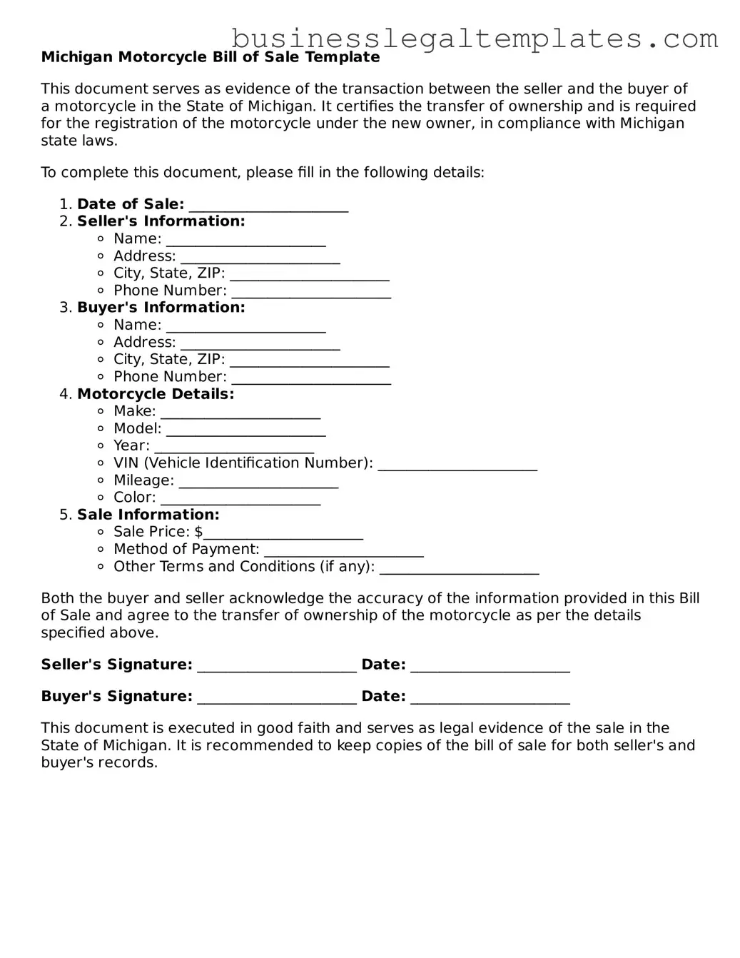 Blank Michigan Motorcycle Bill of Sale Document