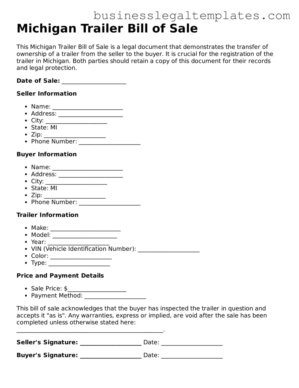 Blank Michigan Trailer Bill of Sale Document