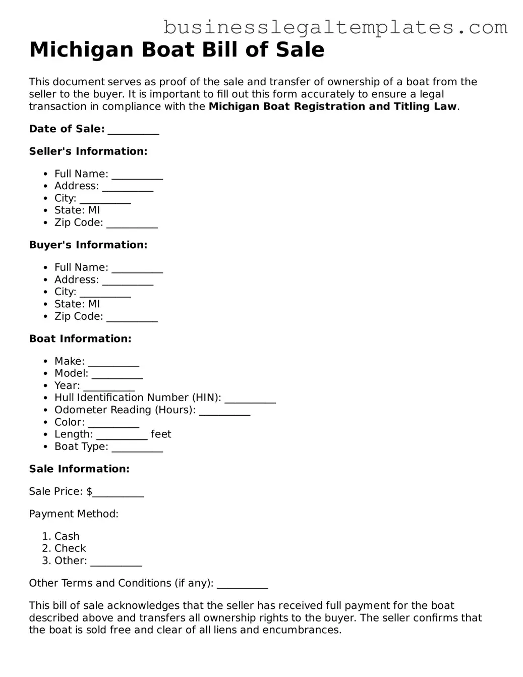 Blank Michigan Boat Bill of Sale Document