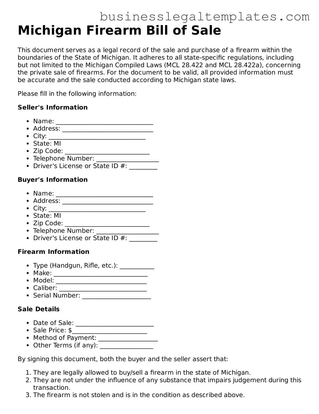 Blank Michigan Firearm Bill of Sale Document