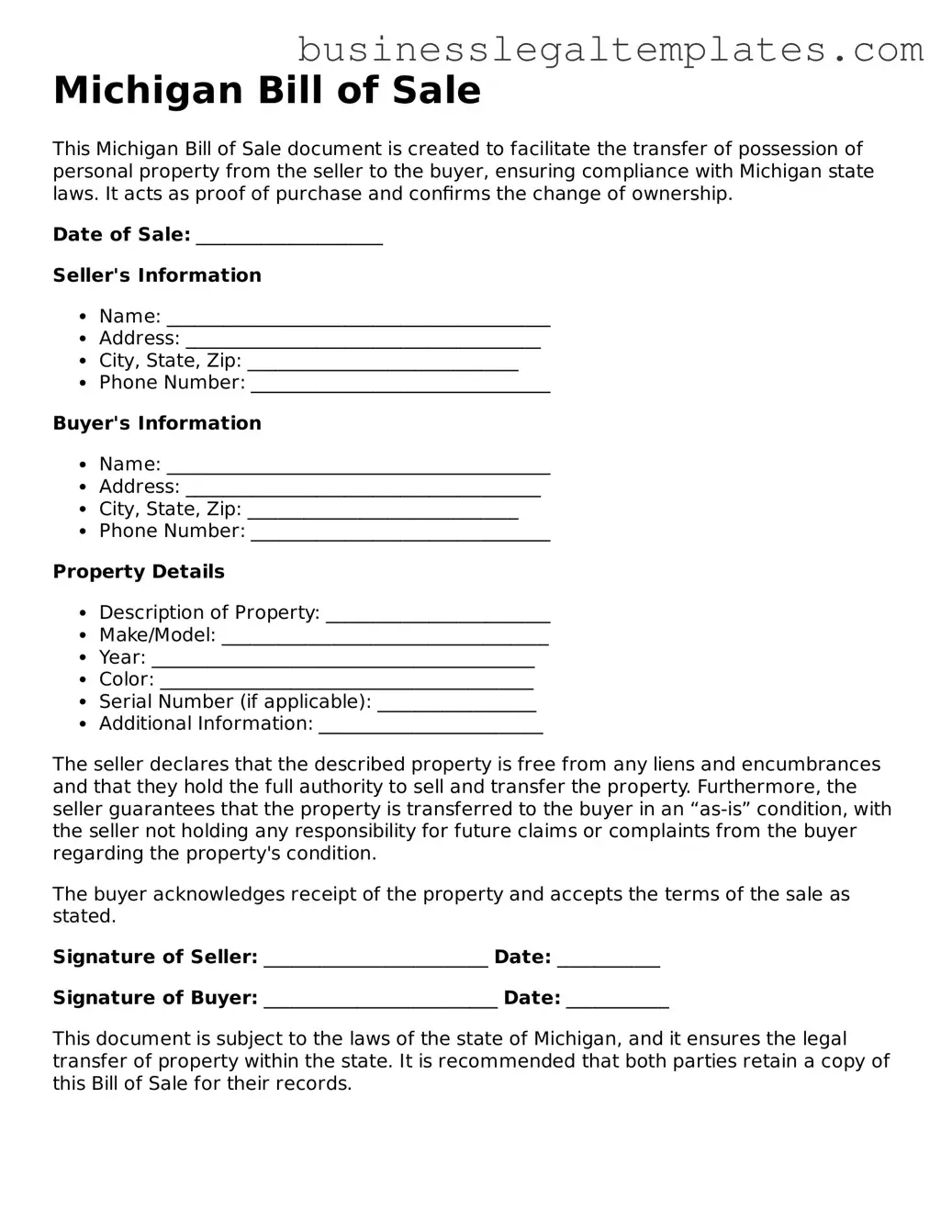 Blank Michigan Bill of Sale Document
