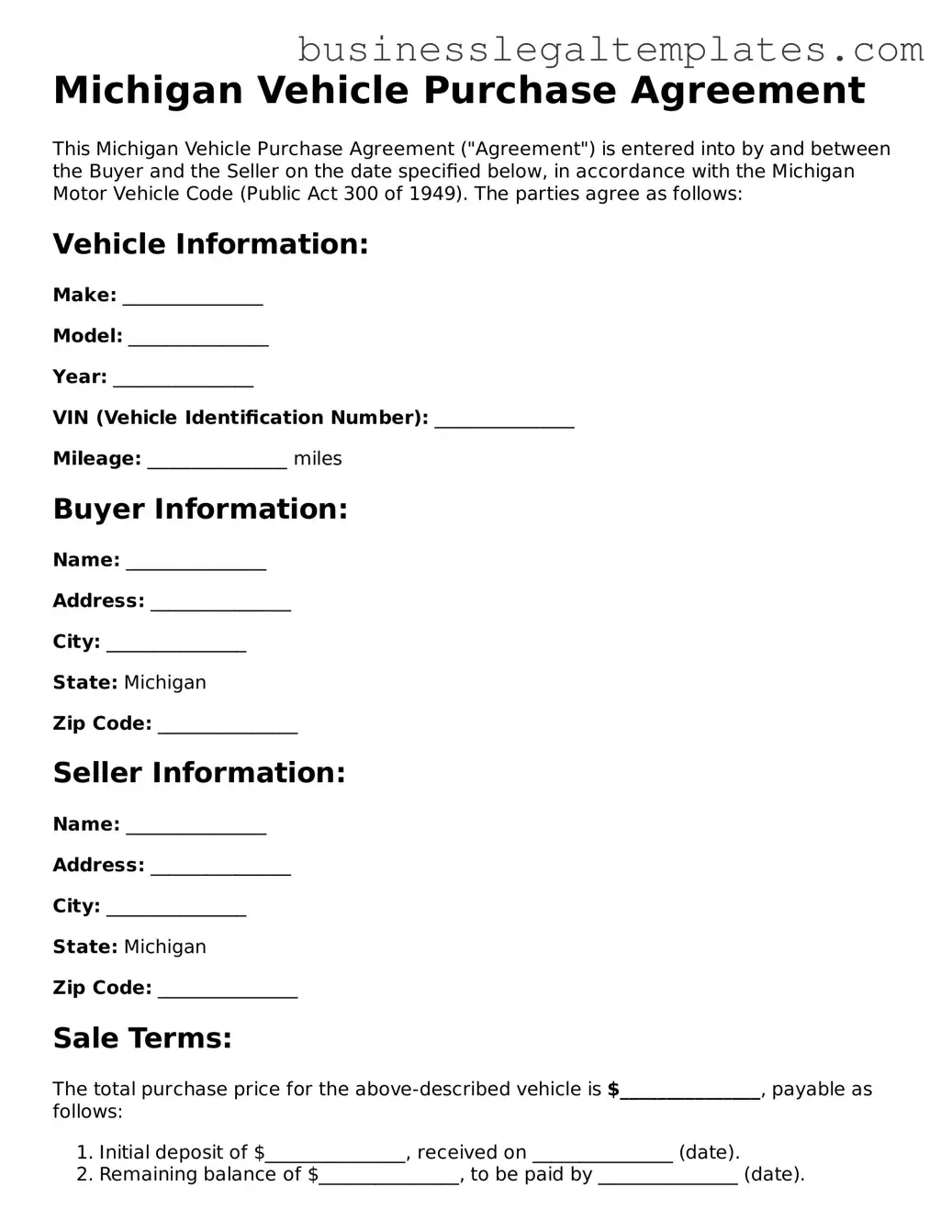 Blank Michigan Vehicle Purchase Agreement Document