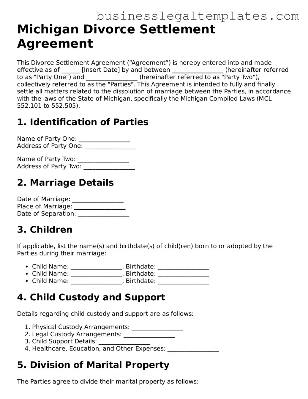 Blank Michigan Divorce Settlement Agreement Document