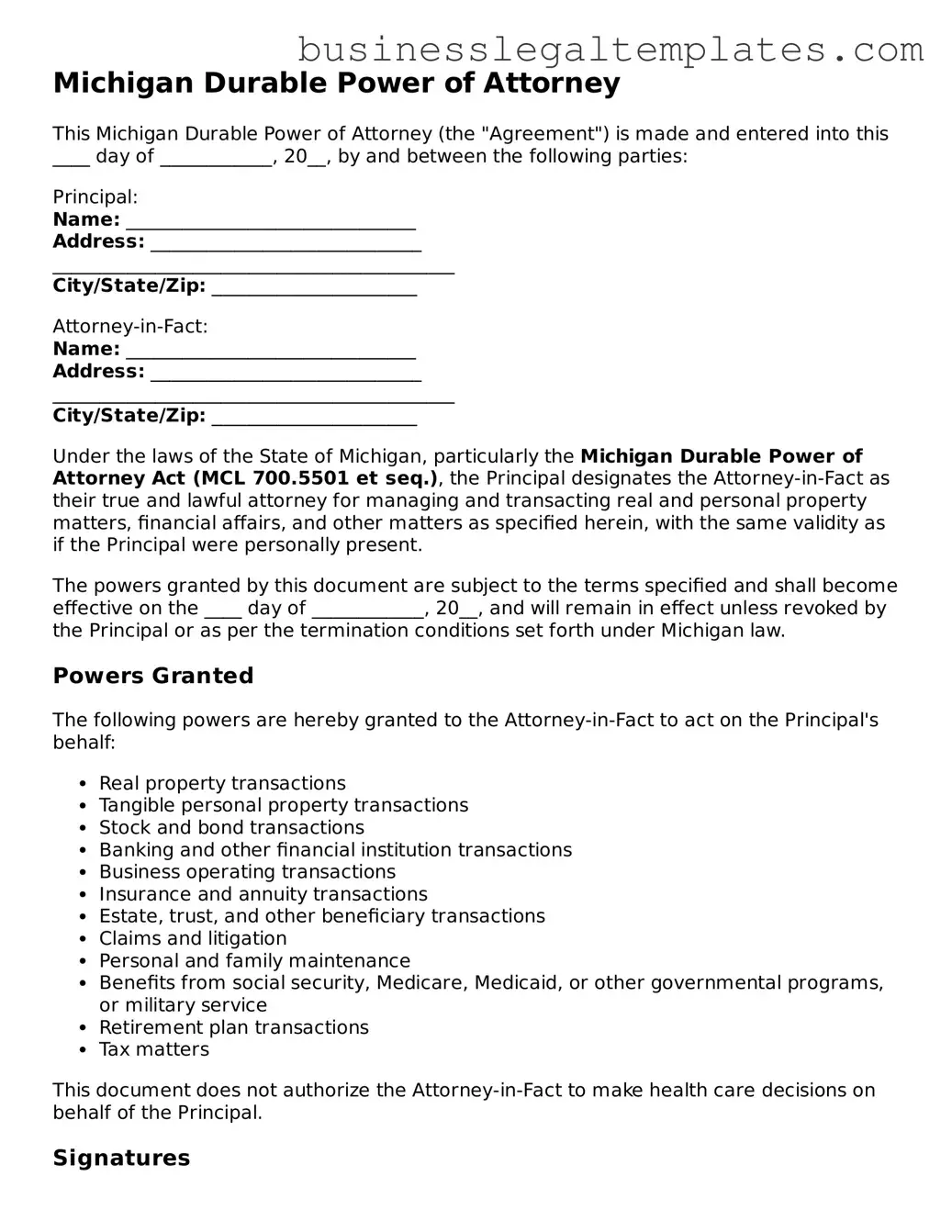 Blank Michigan Durable Power of Attorney Document