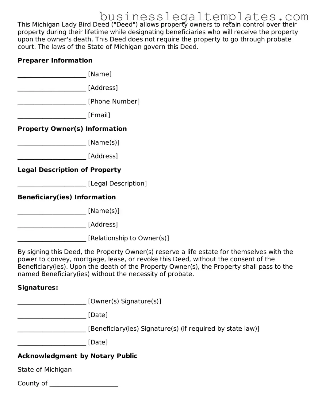 Blank Michigan Lady Bird Deed Document