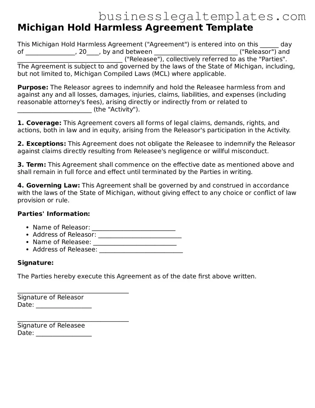 Blank Michigan Hold Harmless Agreement Document