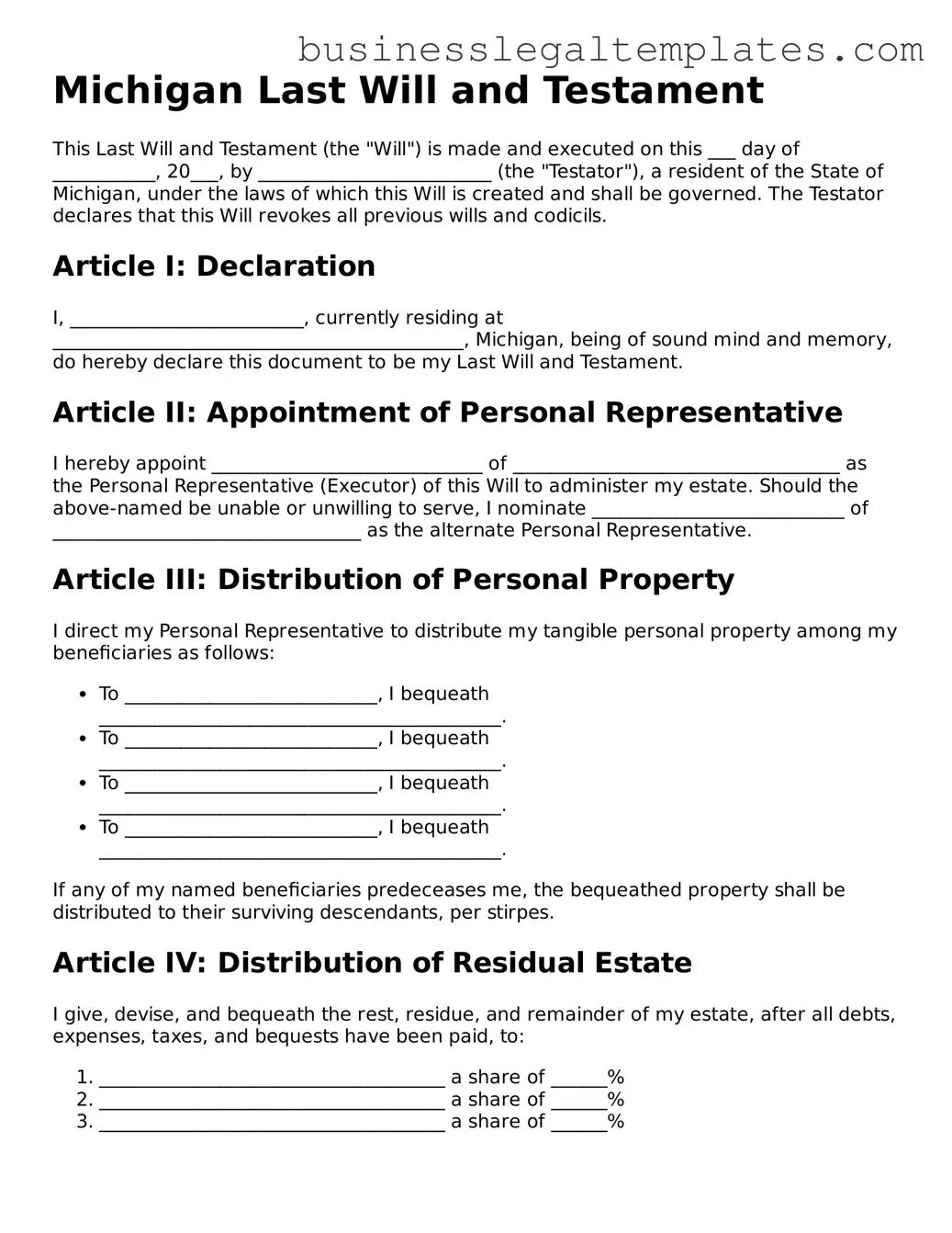 Blank Michigan Last Will and Testament Document