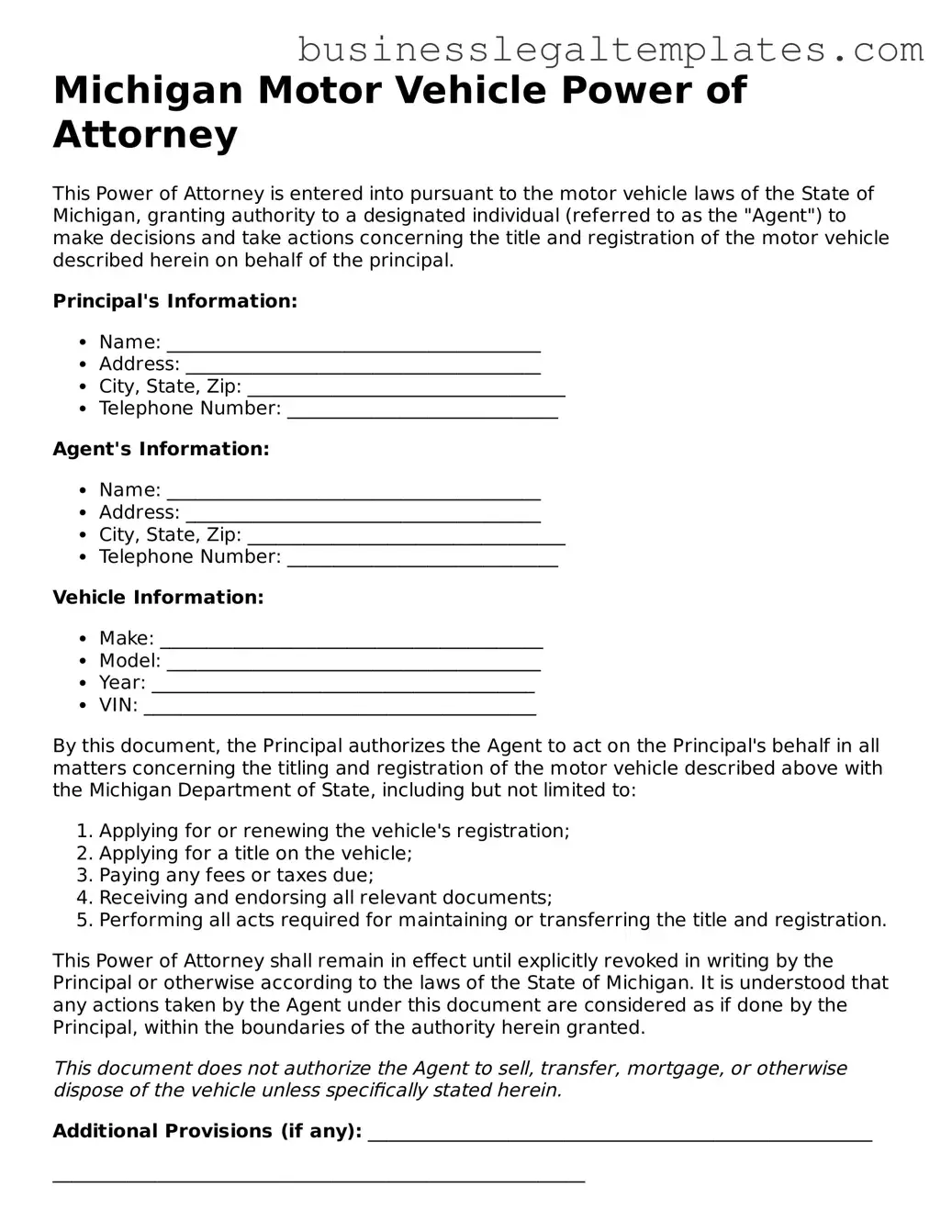 Blank Michigan Motor Vehicle Power of Attorney Document