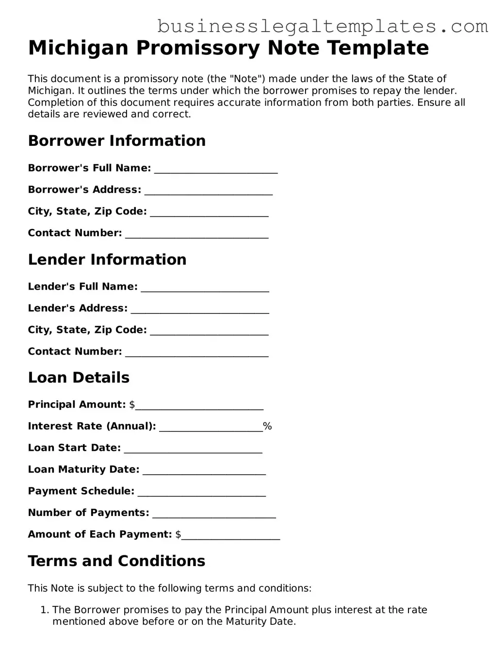 Blank Michigan Promissory Note Document