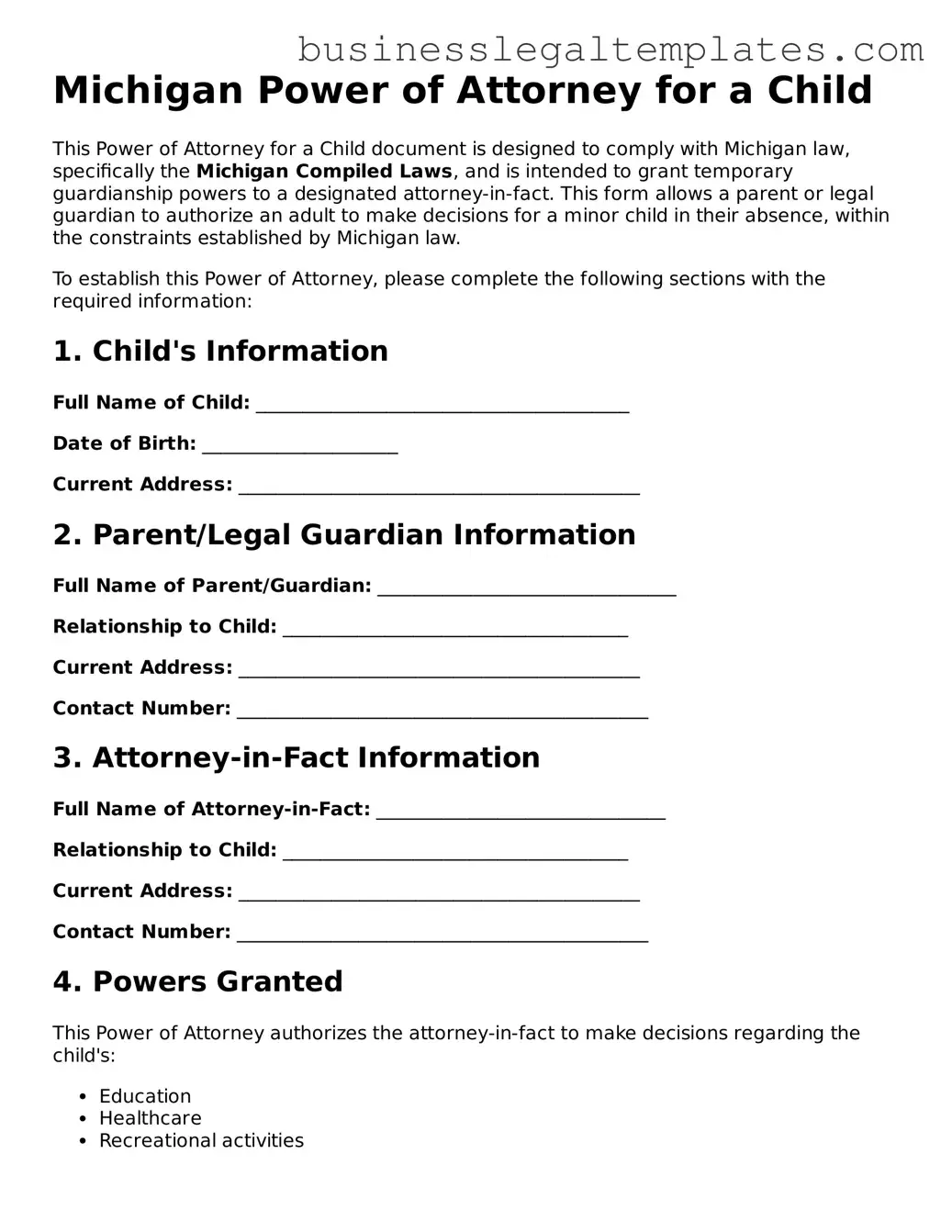 Blank Michigan Power of Attorney for a Child Document