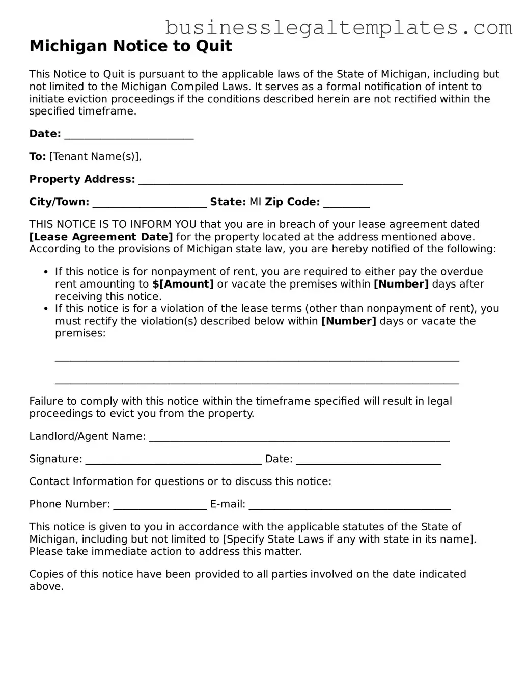 Blank Michigan Notice to Quit Document