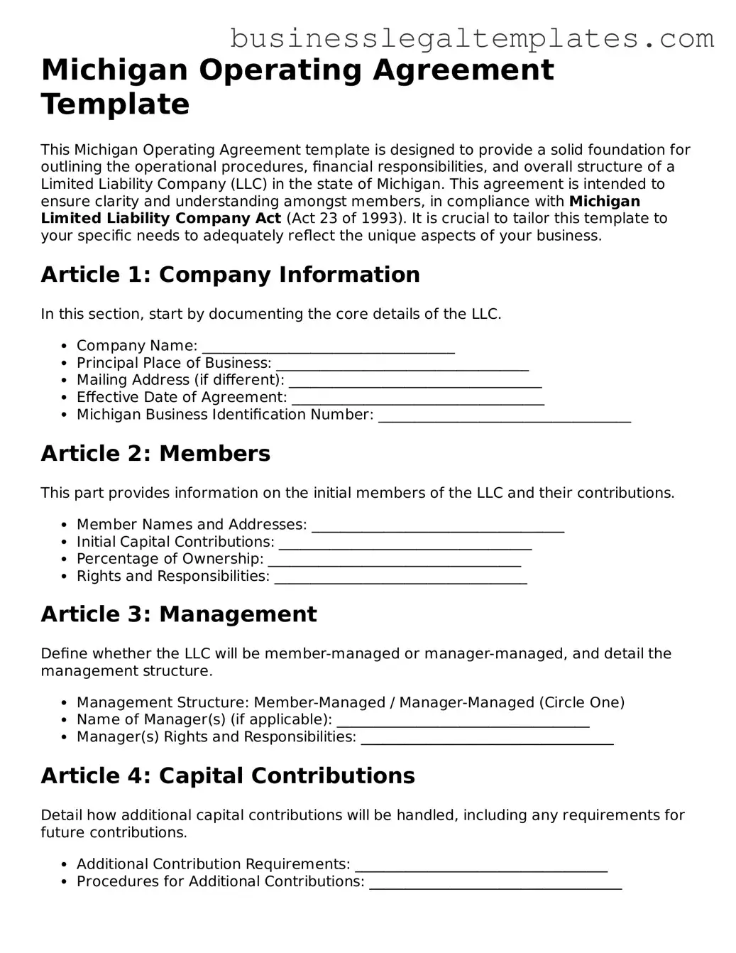 Blank Michigan Operating Agreement Document