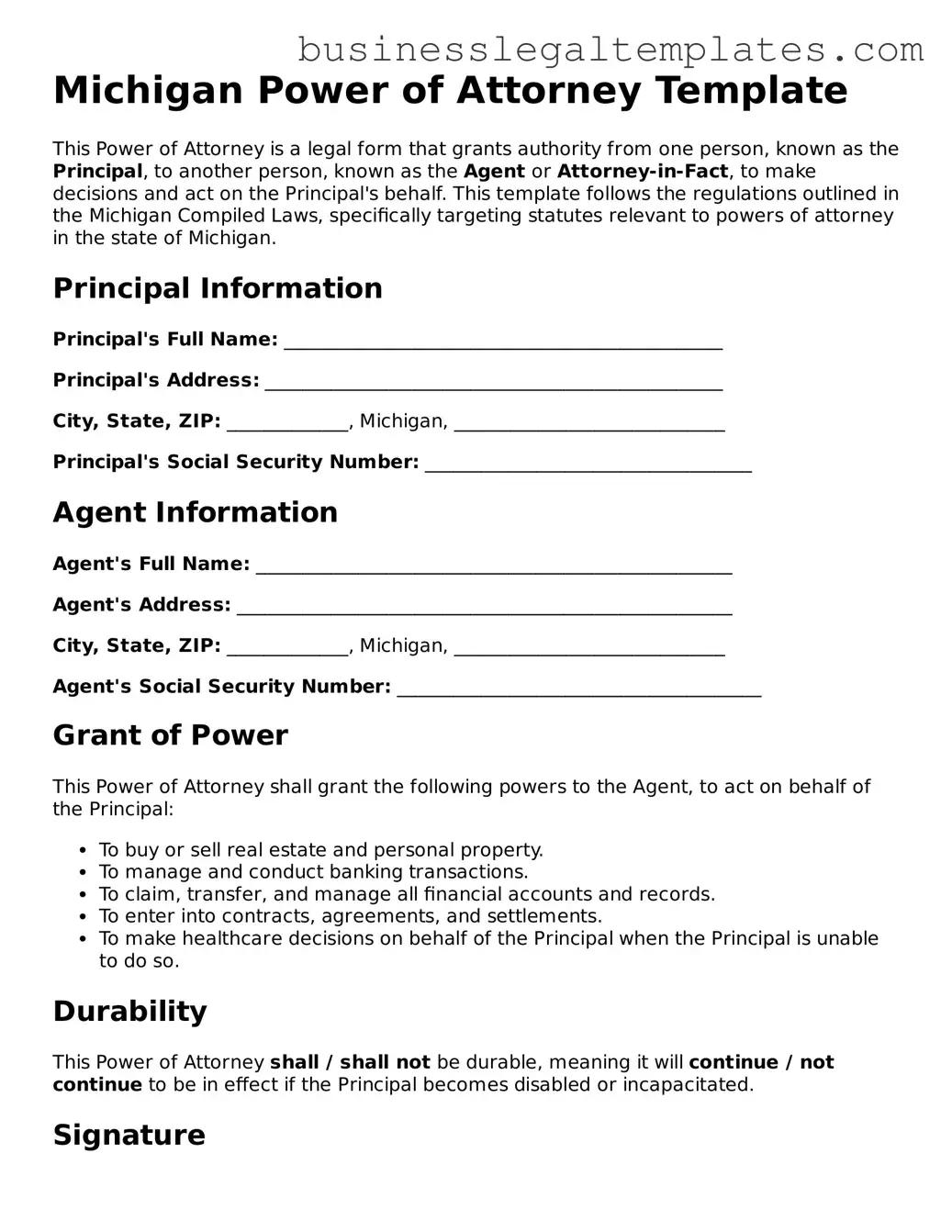 Blank Michigan Power of Attorney Document
