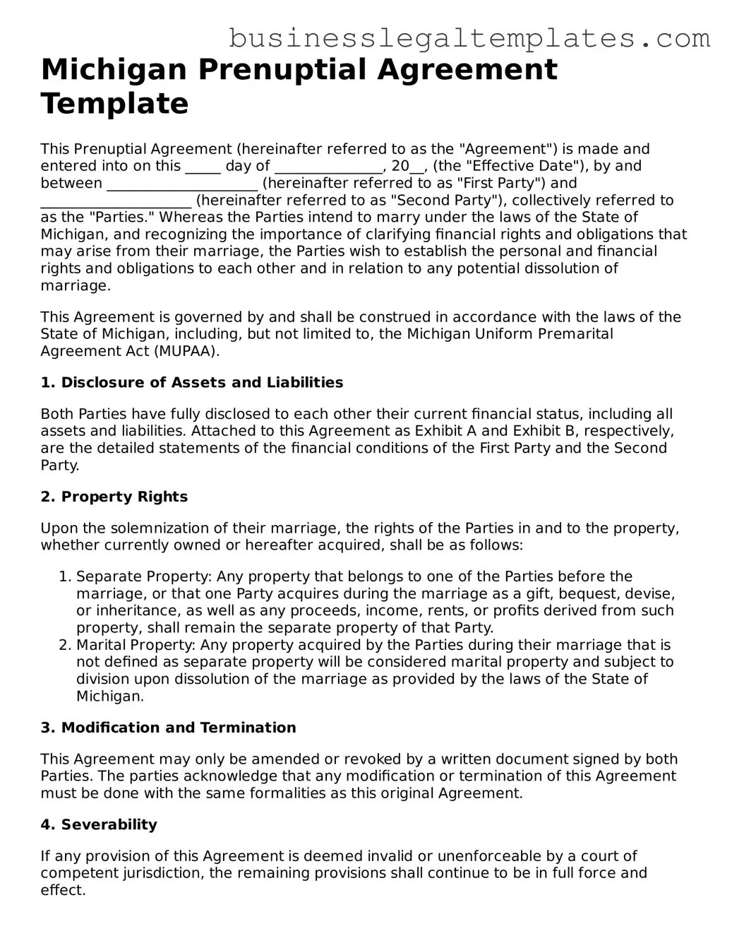 Blank Michigan Prenuptial Agreement Document