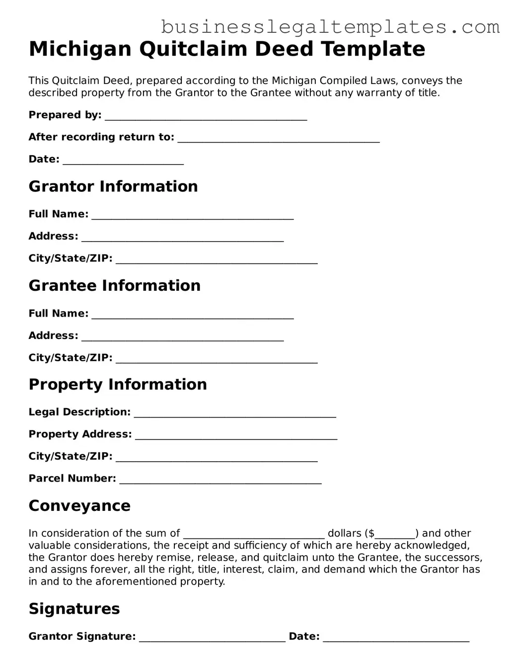 Blank Michigan Quitclaim Deed Document
