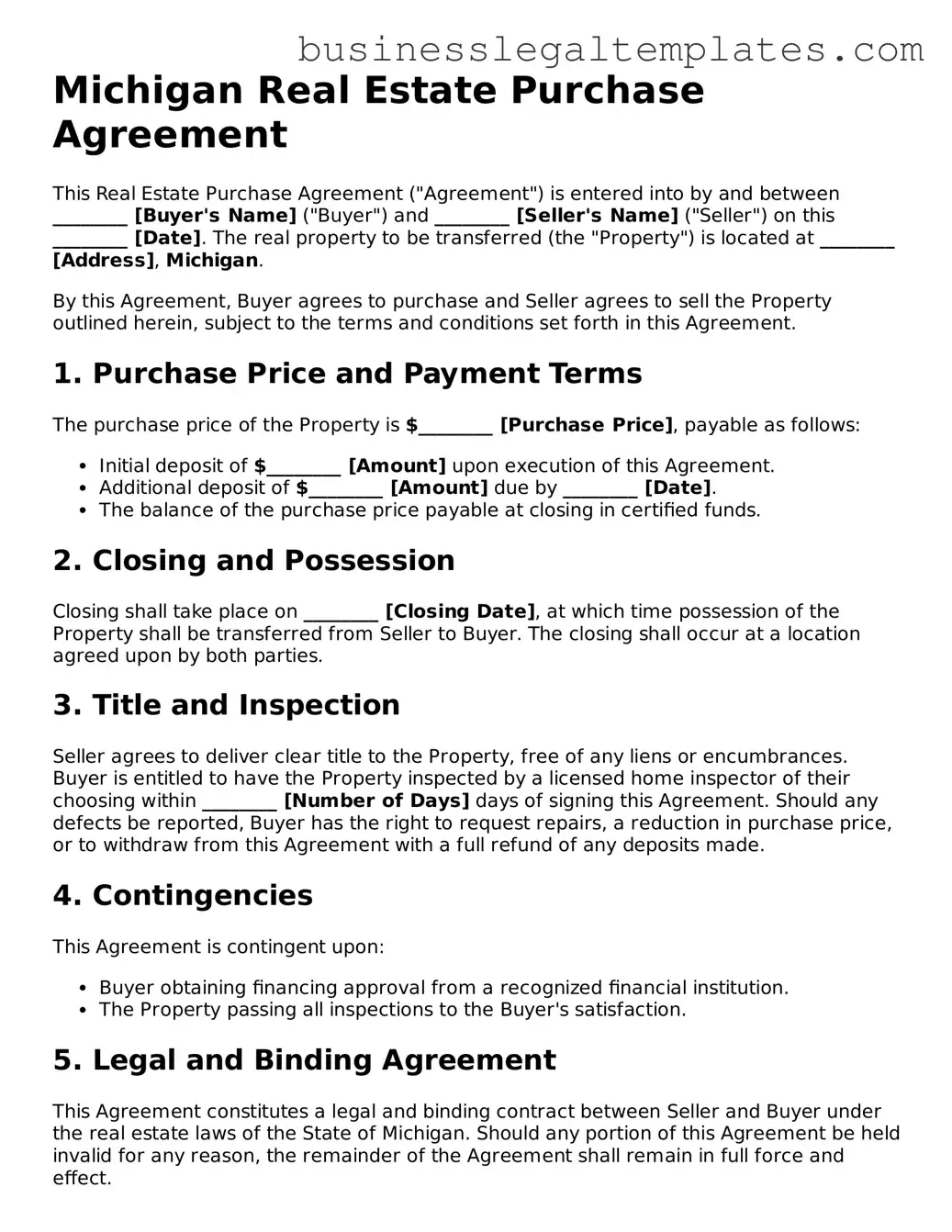 Blank Michigan Real Estate Purchase Agreement Document