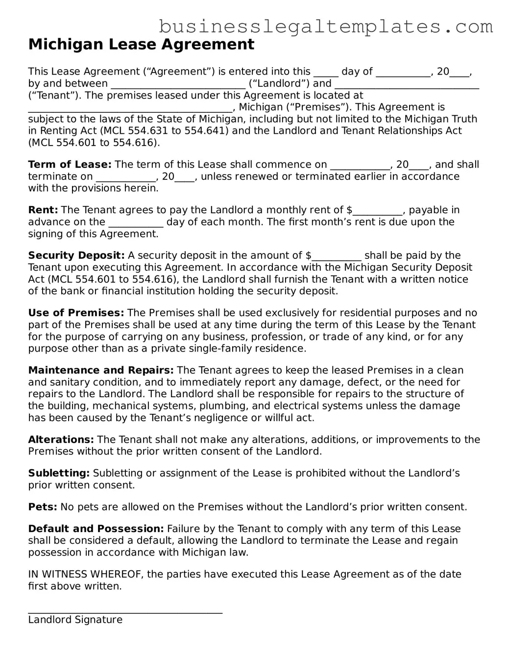 Blank Michigan Lease Agreement Document