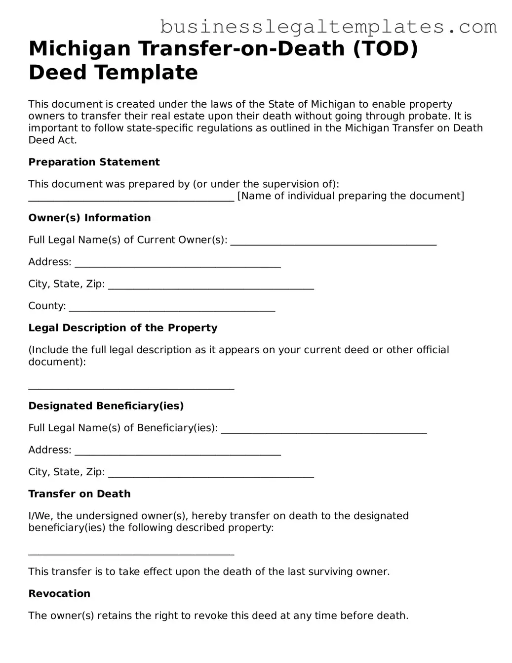 Blank Michigan Transfer-on-Death Deed Document