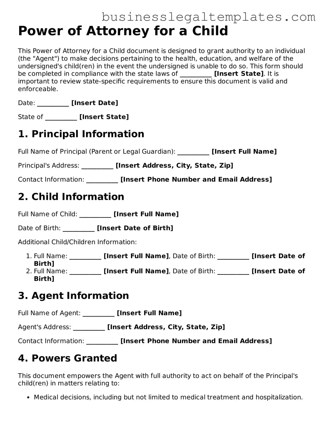 Fillable Power of Attorney for a Child Form
