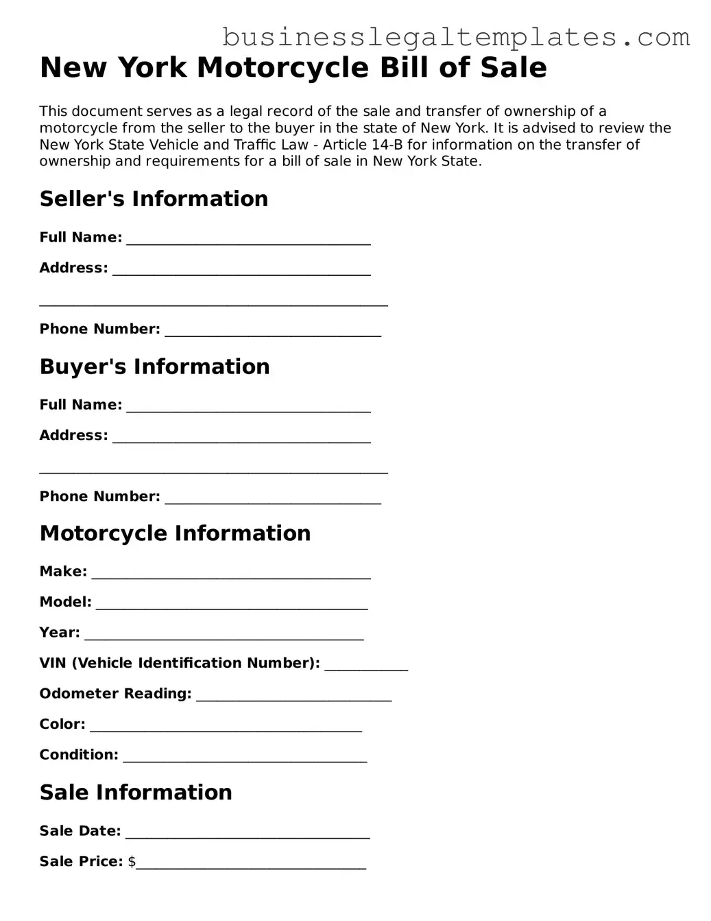 Blank New York Motorcycle Bill of Sale Document