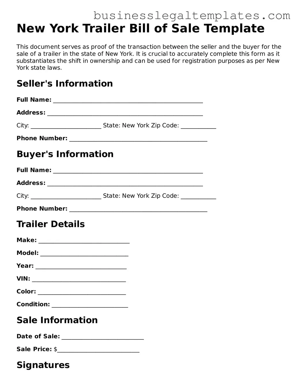 Blank New York Trailer Bill of Sale Document