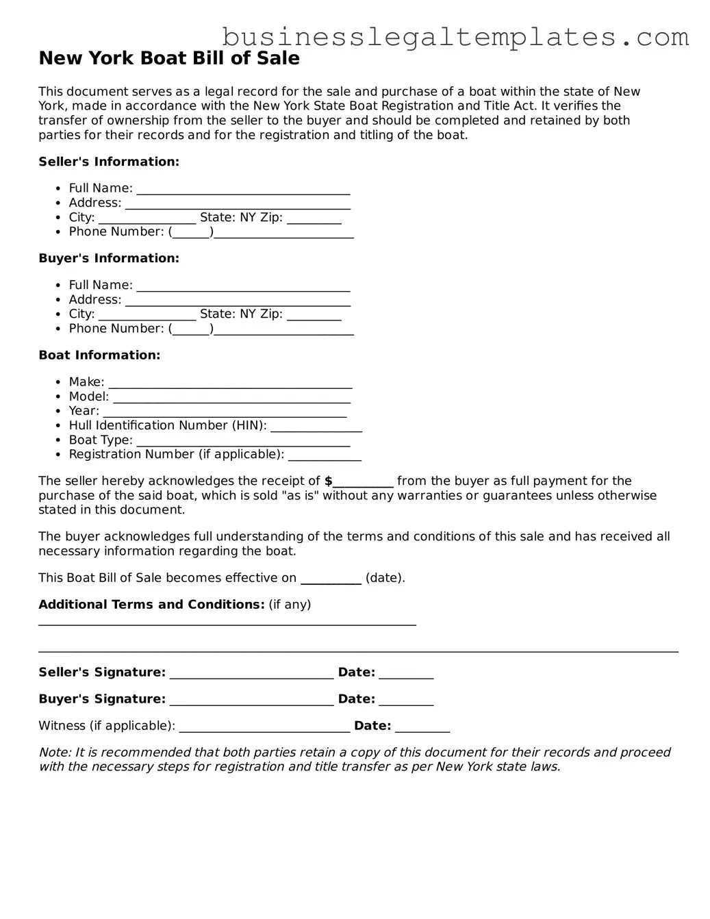 Blank New York Boat Bill of Sale Document