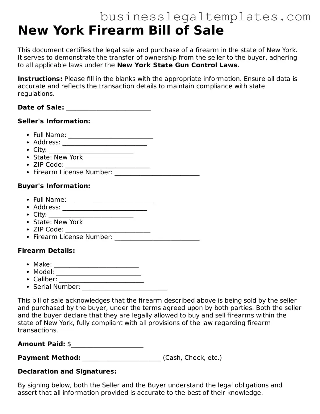 Blank New York Firearm Bill of Sale Document