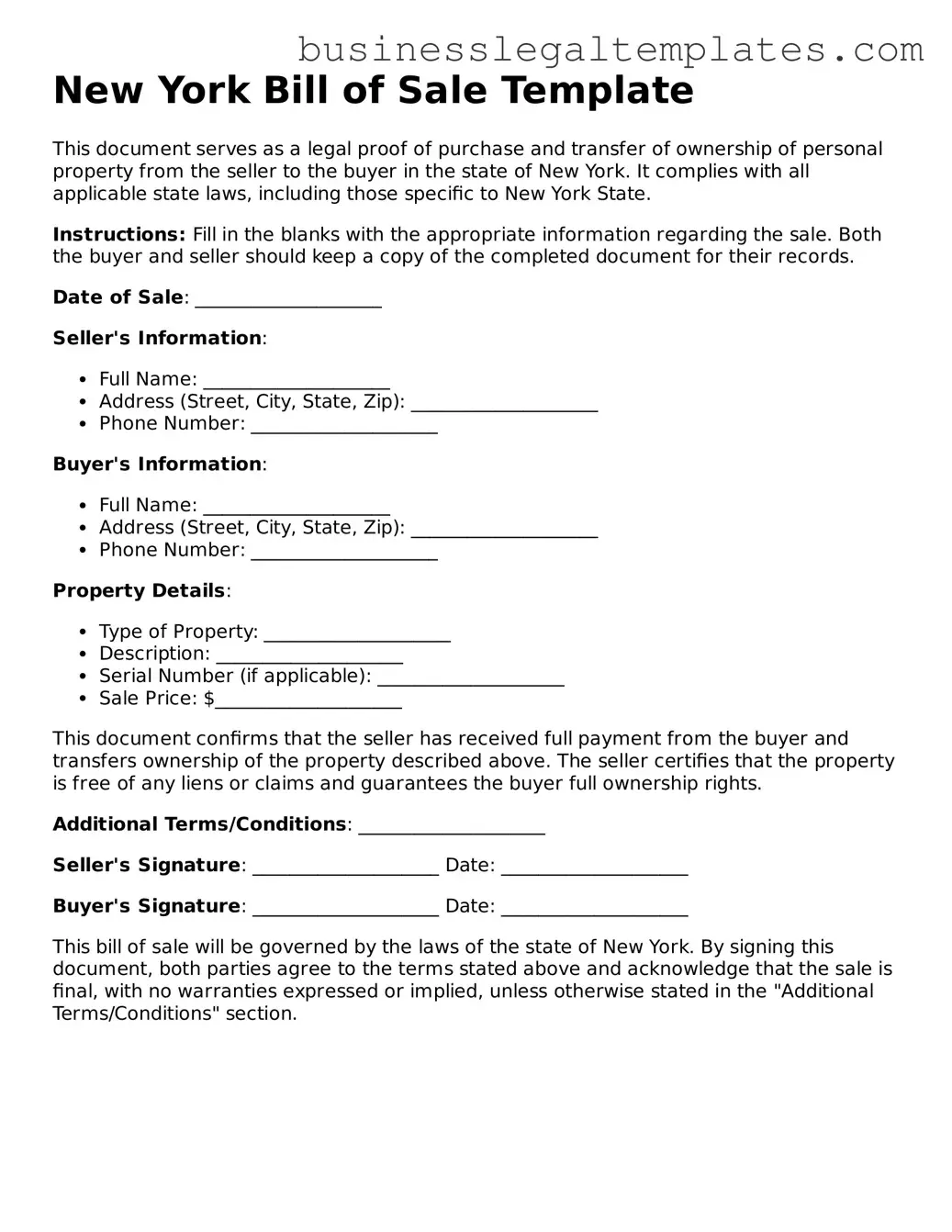Blank New York Bill of Sale Document