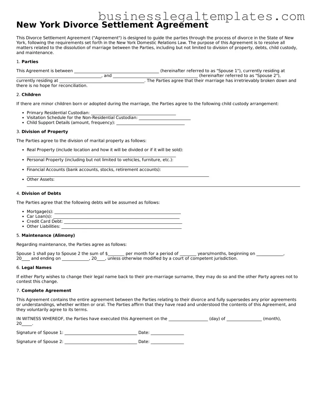 Blank New York Divorce Settlement Agreement Document