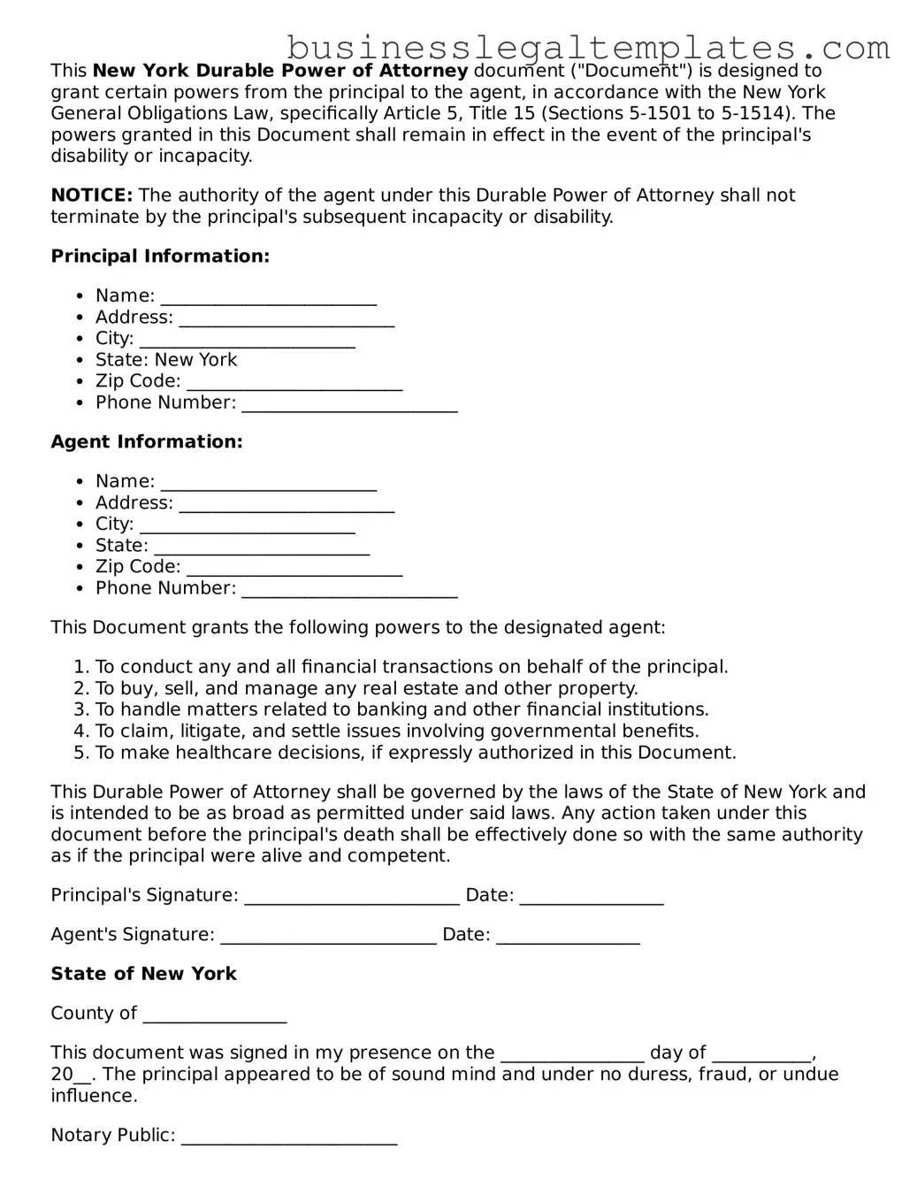 Blank New York Durable Power of Attorney Document