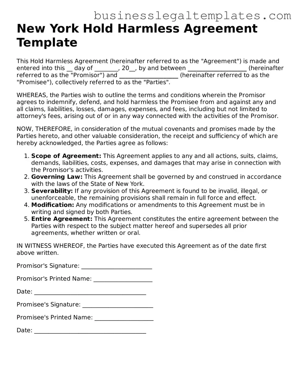 Blank New York Hold Harmless Agreement Document