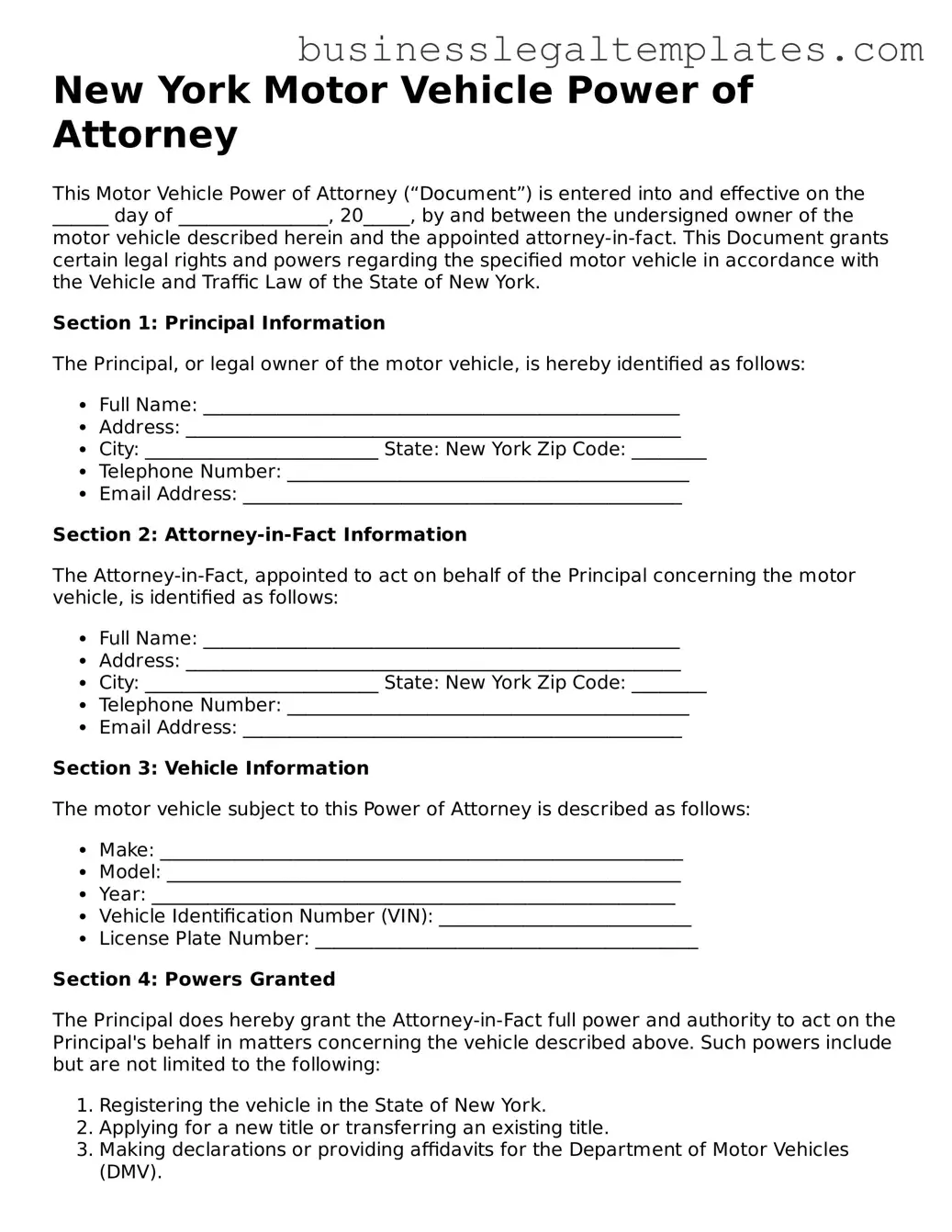 Blank New York Motor Vehicle Power of Attorney Document