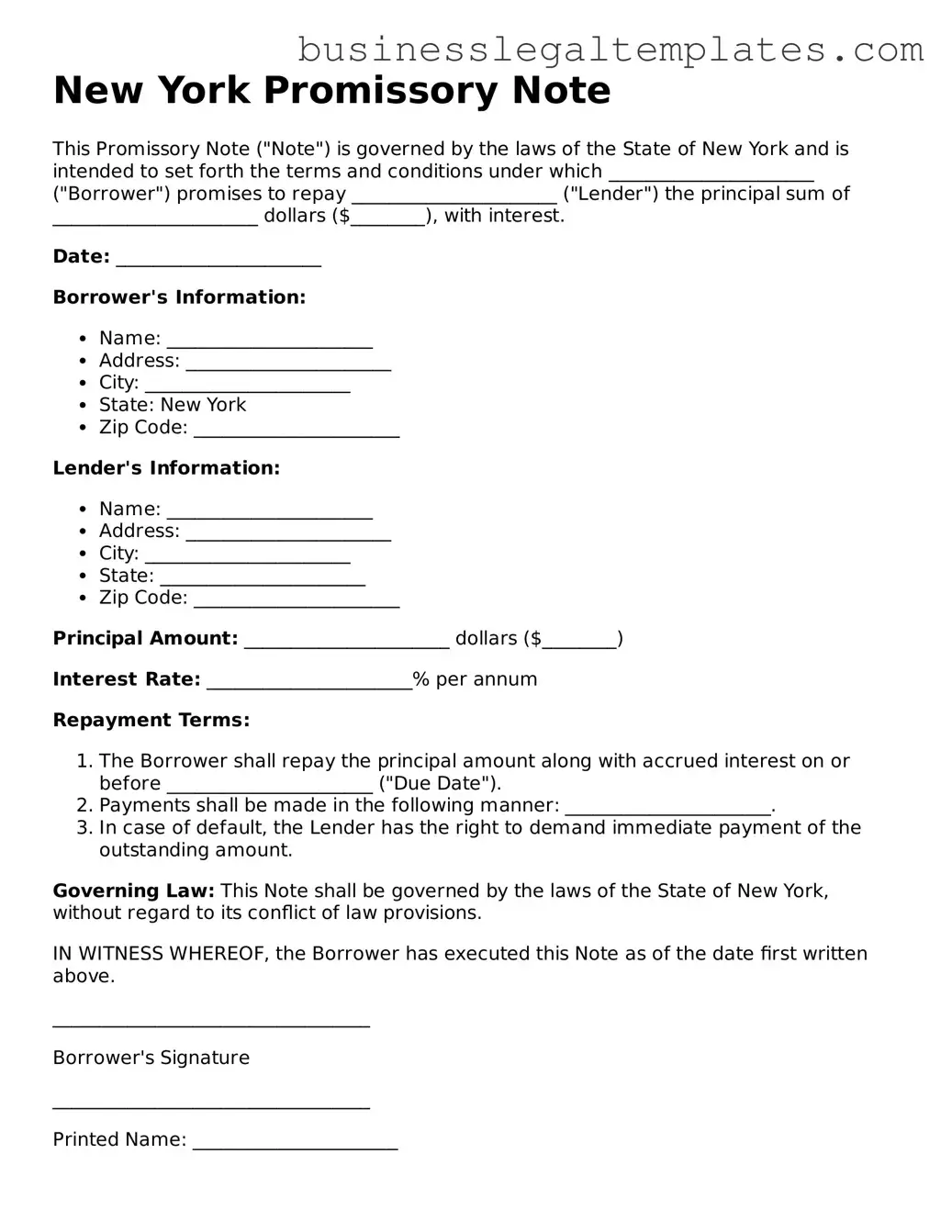 Blank New York Promissory Note Document