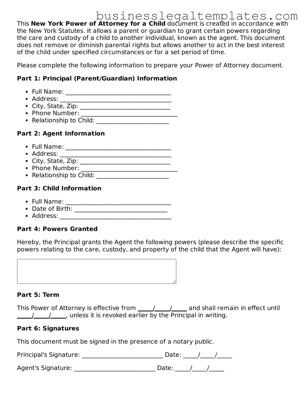 Blank New York Power of Attorney for a Child Document