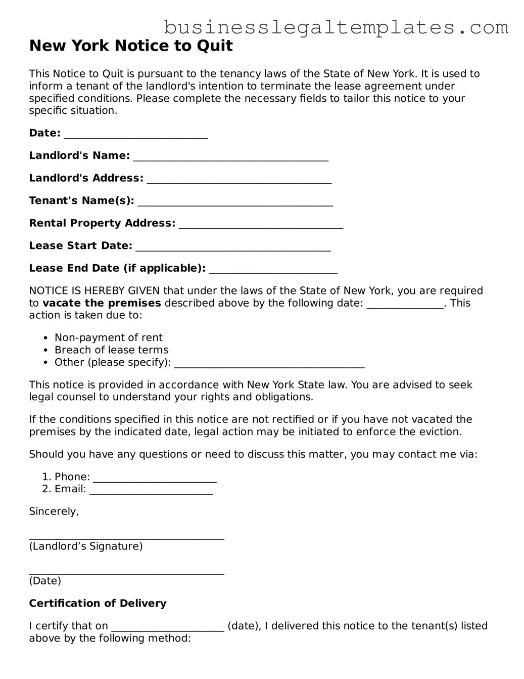 Blank New York Notice to Quit Document