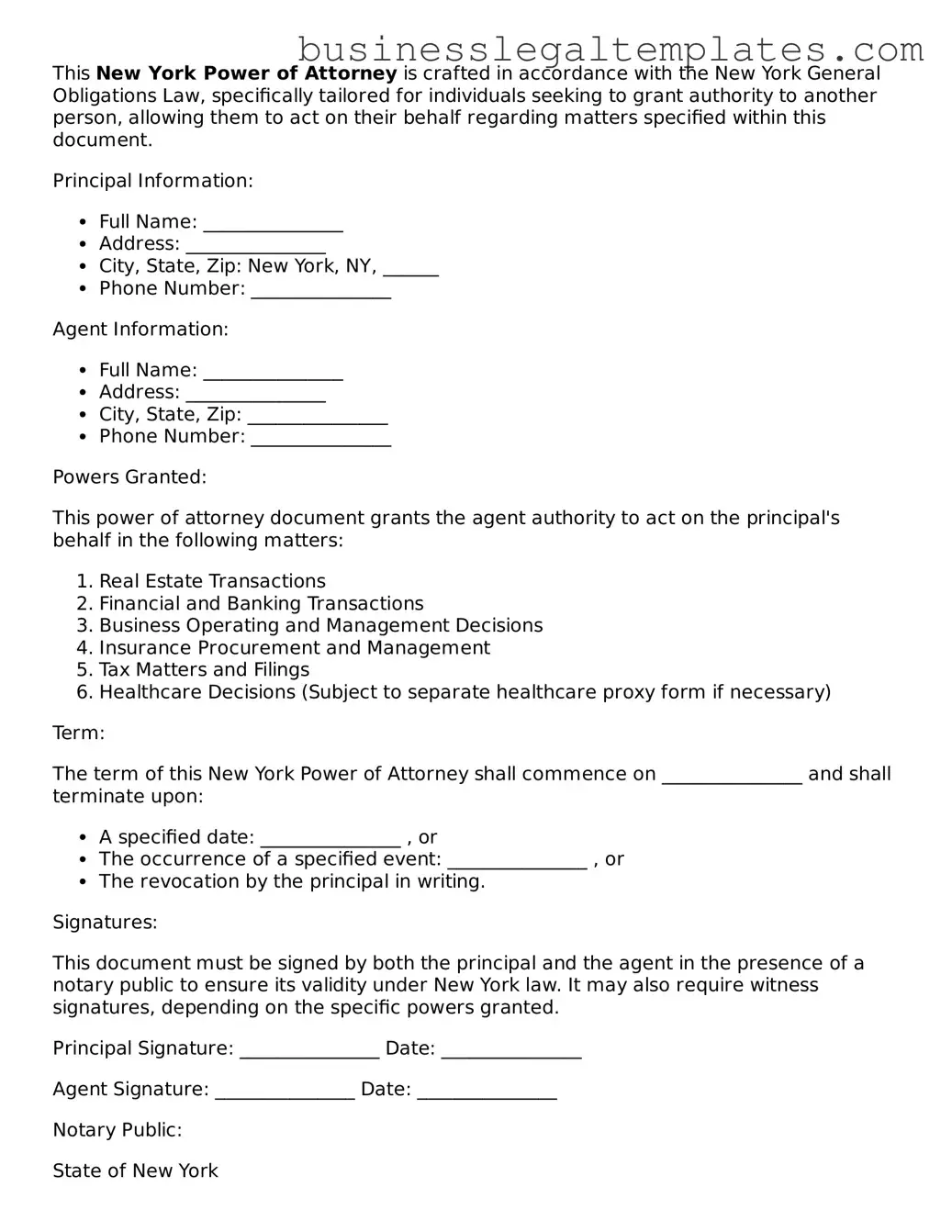 Blank New York Power of Attorney Document