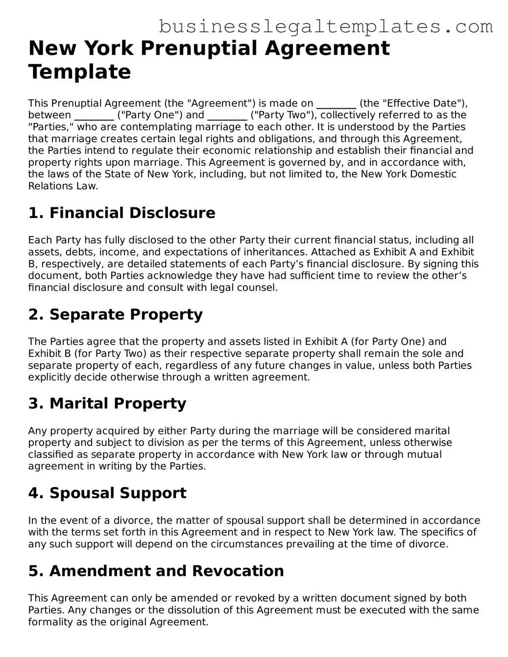Blank New York Prenuptial Agreement Document