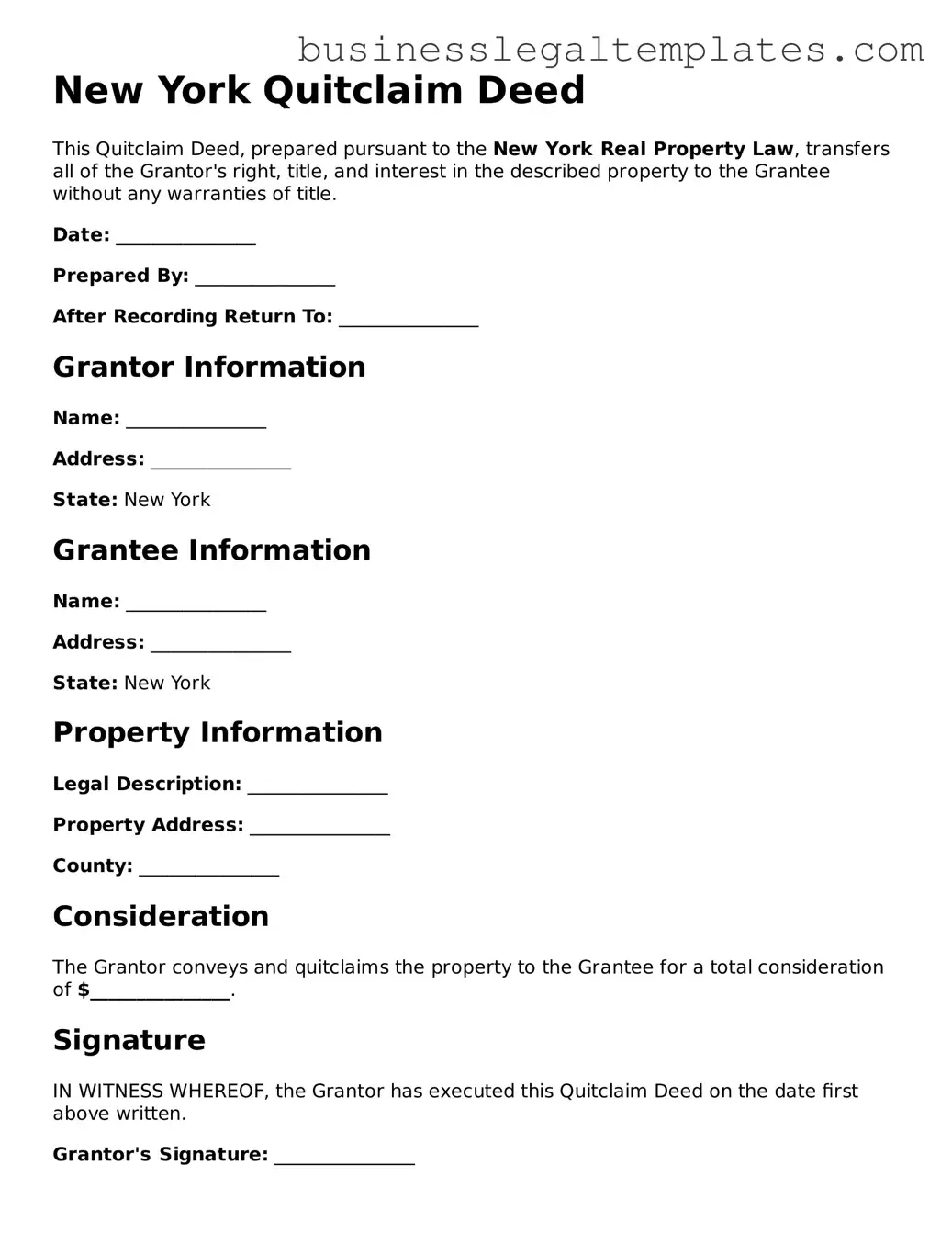 Blank New York Quitclaim Deed Document