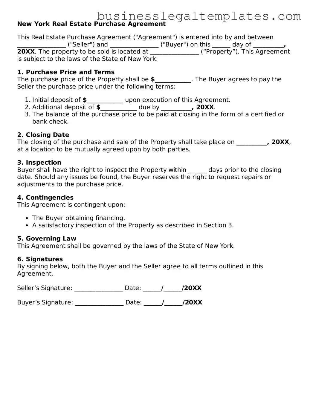 Blank New York Real Estate Purchase Agreement Document
